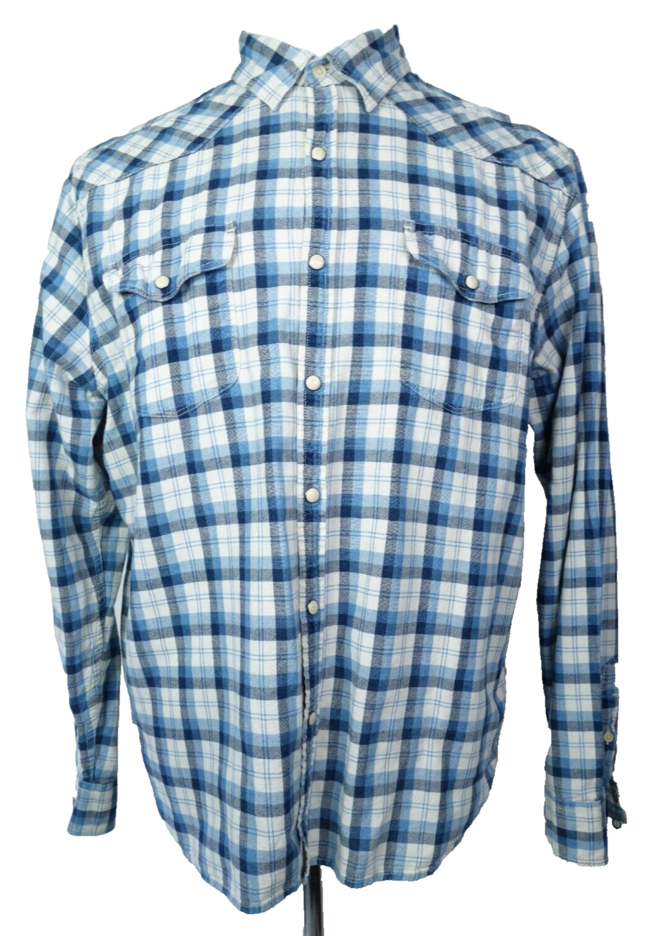 Lucky Brand Western Shirt Pearl Snap Button Plaid Blue Men Size Large